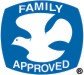 Logo of a white dove on a blue background with text: Family Approved
