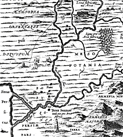 Map of the Middle East with the erroniously proposed locations of the Garden of Eden