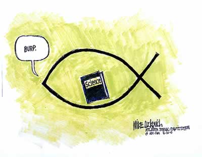 Cartoon: Burping Icthus fish with Science book inside it