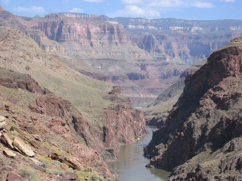 The full sedimentary strata sequence as seen from the top of Deer Creek Falls looking upstream through the Granite Narrows.