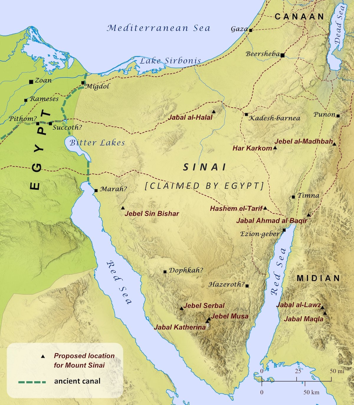 Map of Sinai with proposed locations for Mount Sinai. Image courtesy of biblemapper.com