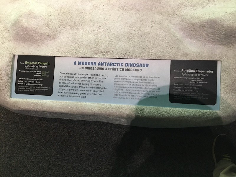 Plaque in the Dinosaurs of Antarctica exhibit that claims penguins are modern Antarctic dinosaurs.