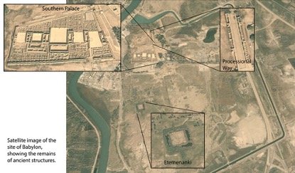Satellite image of the site of Babylon, showing the remains of ancient structures.