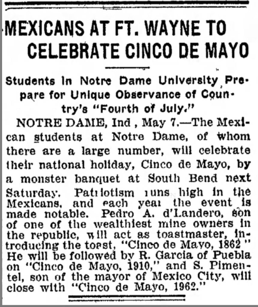 Figure 2. Sunday, May 8, 1910, Indianapolis Star publishes article wherein Cinco de Mayo is equated with America’s 4th of July.
