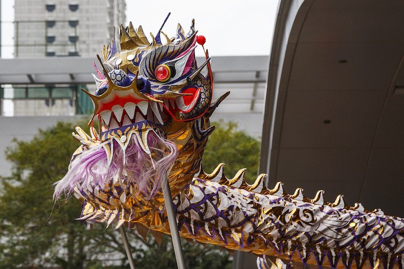 Singapore: Dragon during the traditional dragon dance during Chinese New Year 2015 celebrations