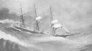 Ringleader ship in the heavy sea and strong wind with the sails concentrated toward the bow with the mizzen (third) mast completely bare