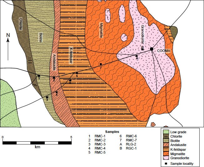 Showing an enlarged view of the regional metamorphic zones west
of the Cooma granodiorite centered on the town of Cooma