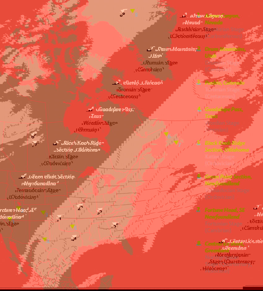 Map of golden spike locations that mark boundaries in North America
