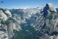 (a) The Yosemite Valley looking upstream along Tenaya Creek, as seen from Glacier Point, with the towering Half Dome to the right.