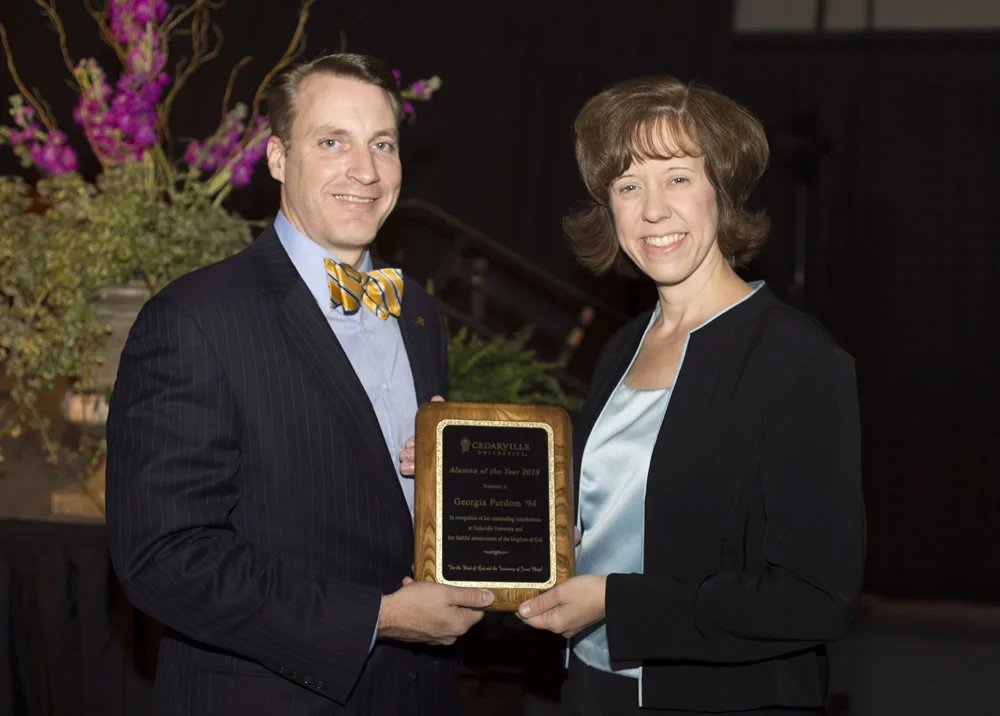 Dr. Georgia Purdom accepting Cedarville University Alumna of the Year Award.