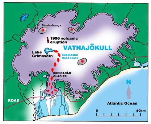 Map showing subglacial flood route and total area flooded