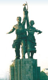 Statue of Soviet male worker with hammer and female collective farmer with sickle, Moscow