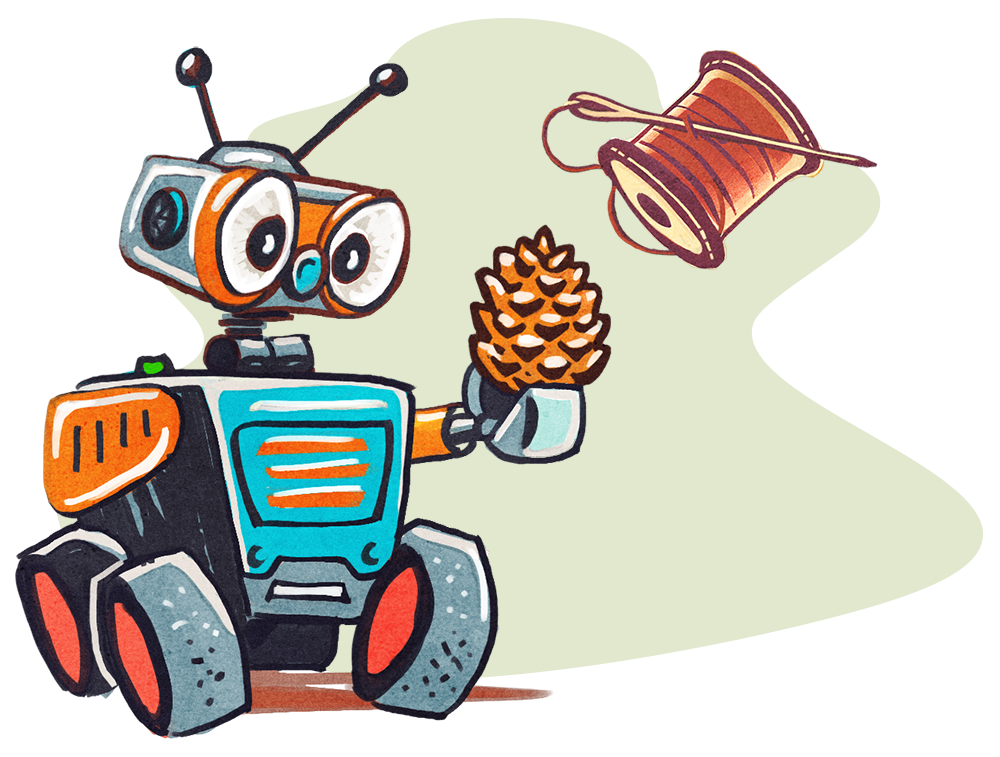 needle and thread and robot holding pinecone
