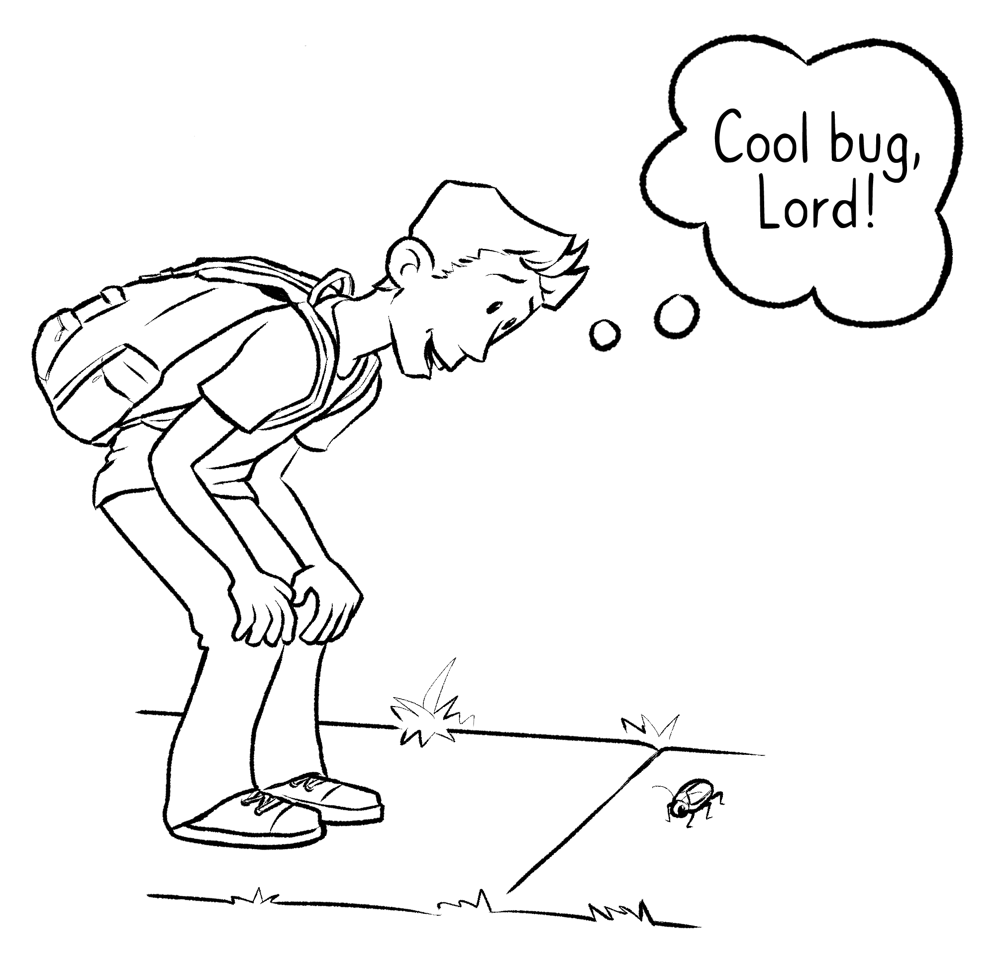 Boy with backpack on sidewalk, bending down looking at a cool bug illustration.