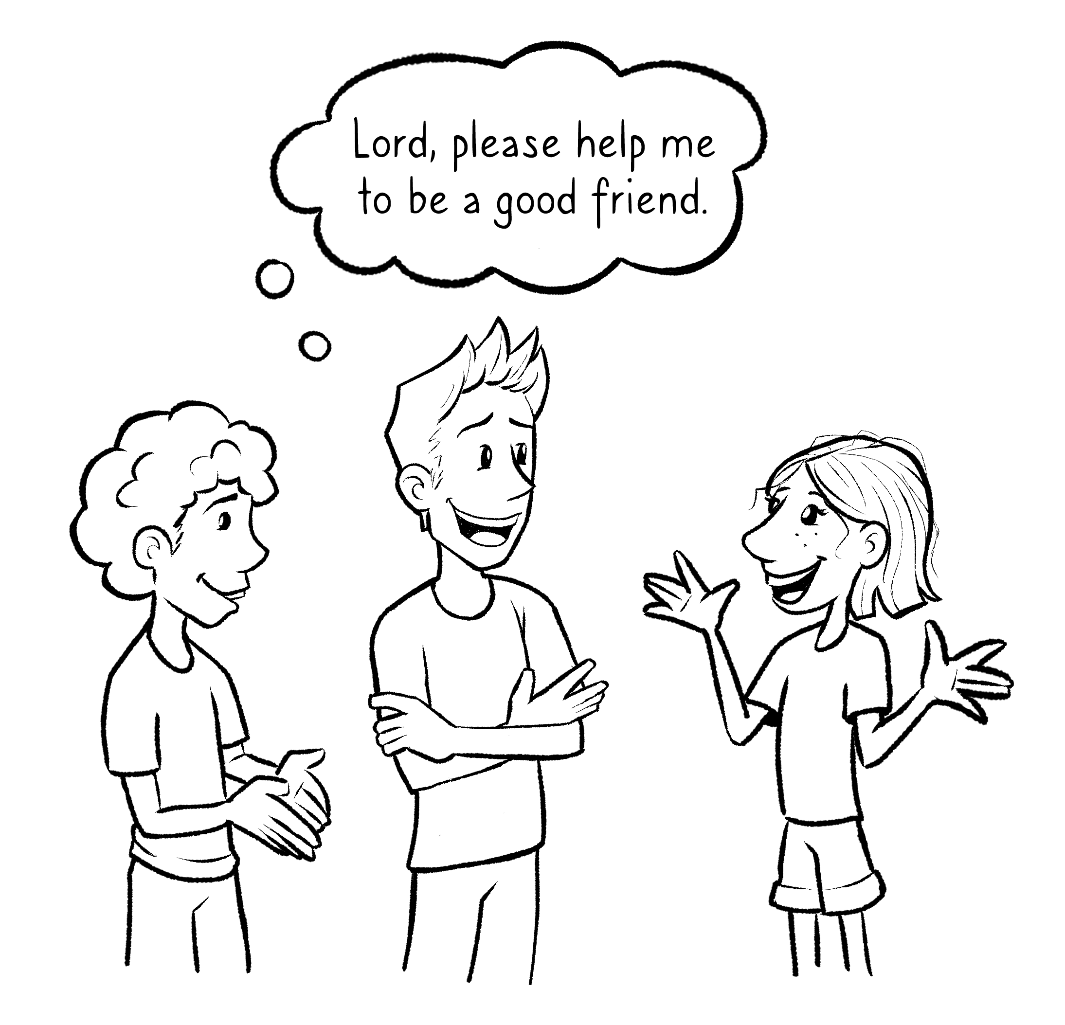 Boy surrounded by friends in conversation illustration.