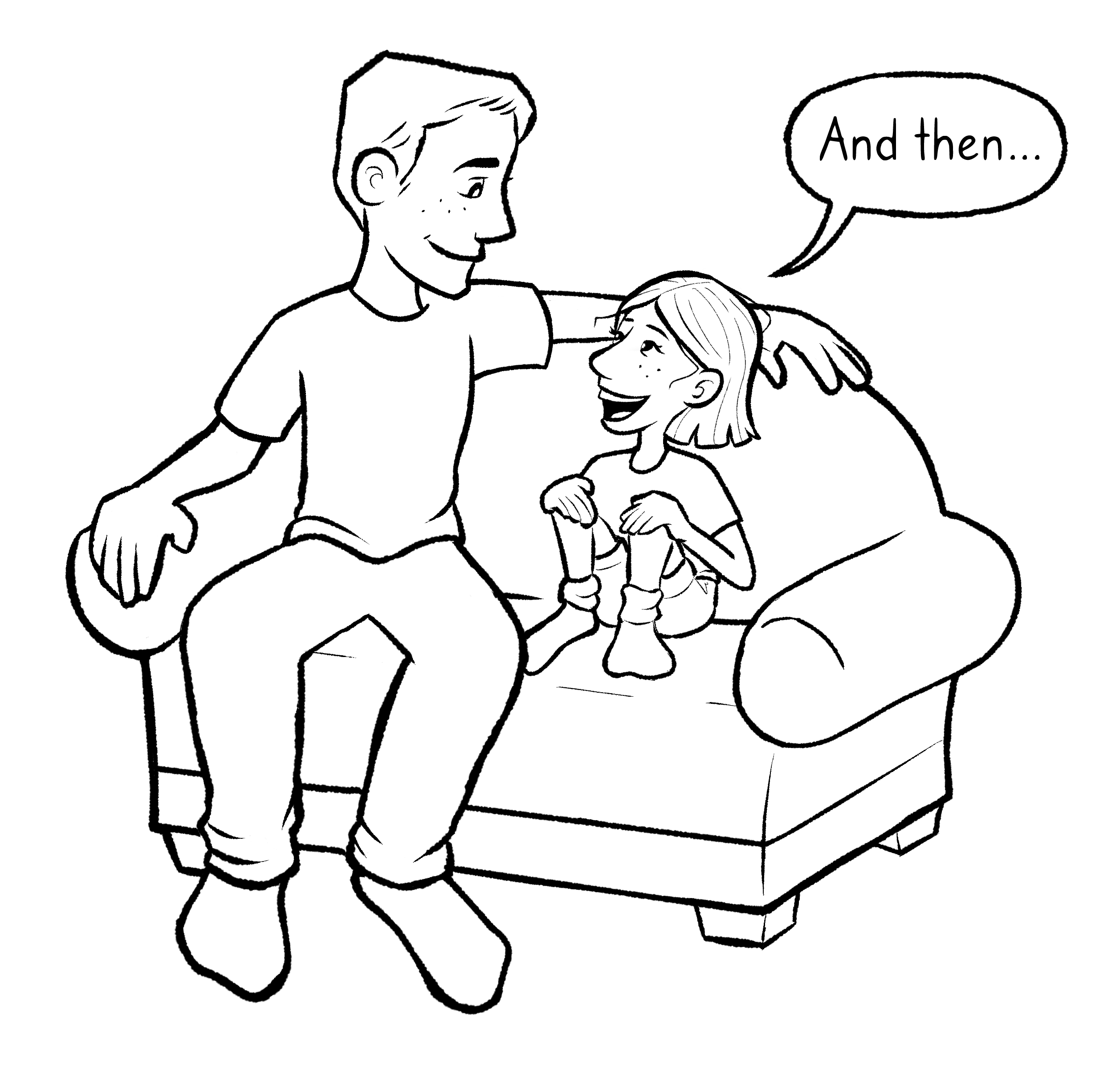 Doodle of dad and daughter sitting on the couch together. Daughter is chatting about her day while the dad listens with a smile.