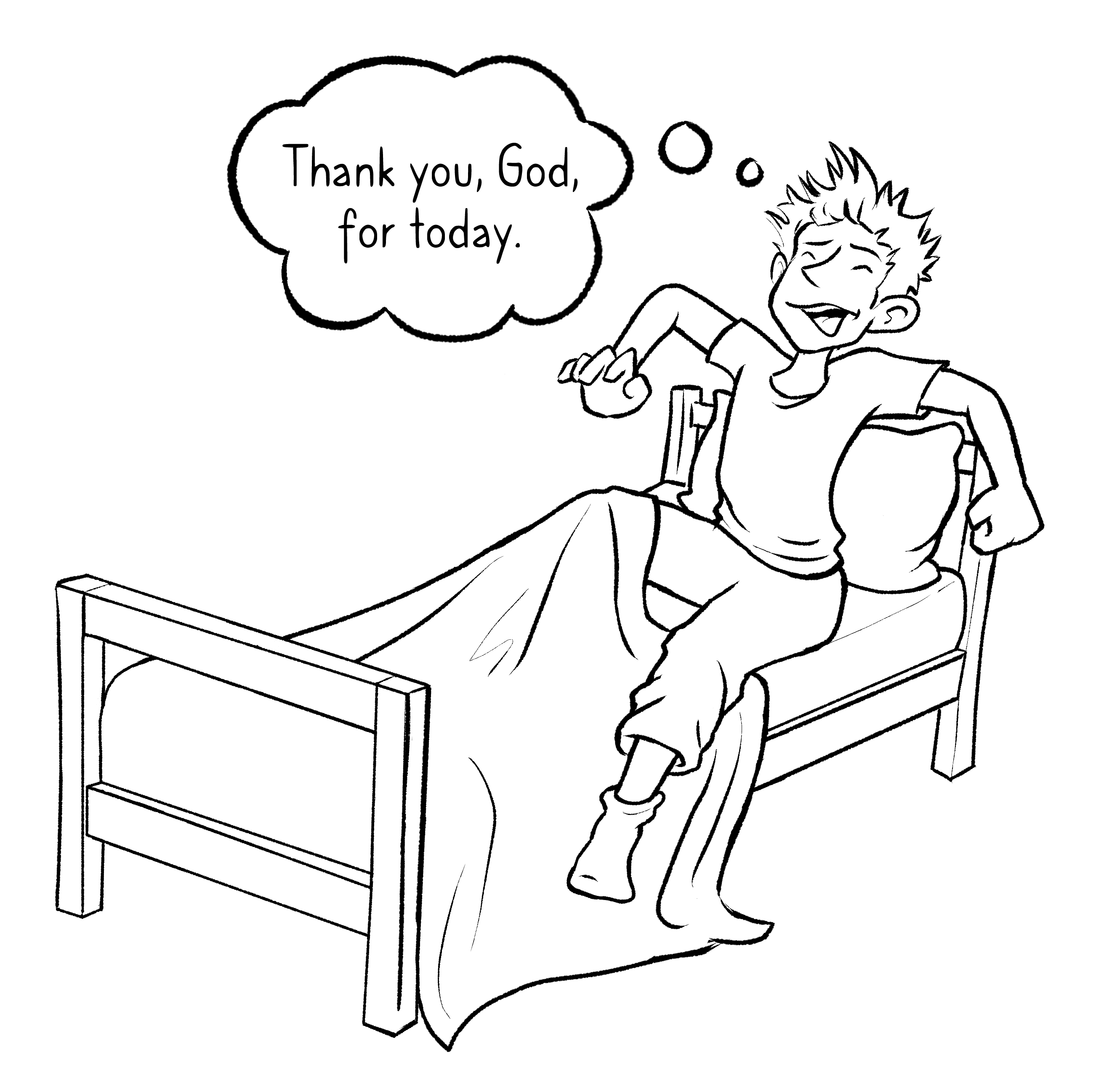 Boy in bed waking up and stretching illustration.