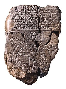 Possibly the oldest world map with writing in ancient cuneiform. Dated to the sixth century BC.