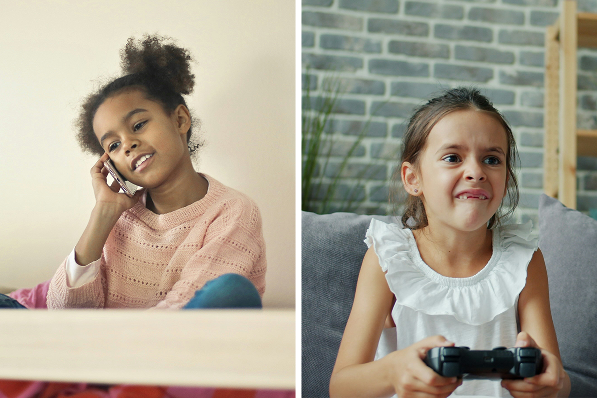 Girl on phone and girl playing video game