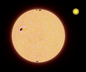 Size comparison of Pollux (left) and the Sun (right).
