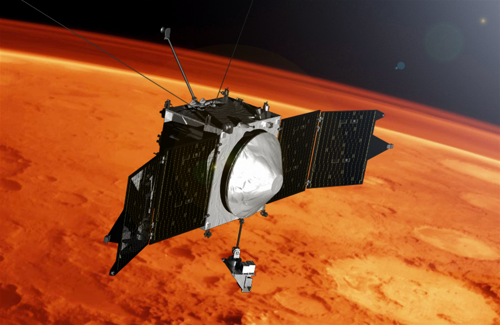Artist’s illustration of MAVEN spacecraft over Mars