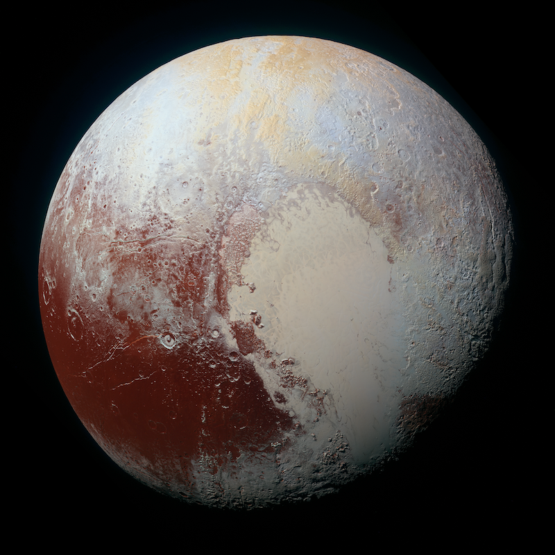Enhanced color global view of Pluto, taken by NASA’s New Horizons spacecraft.
