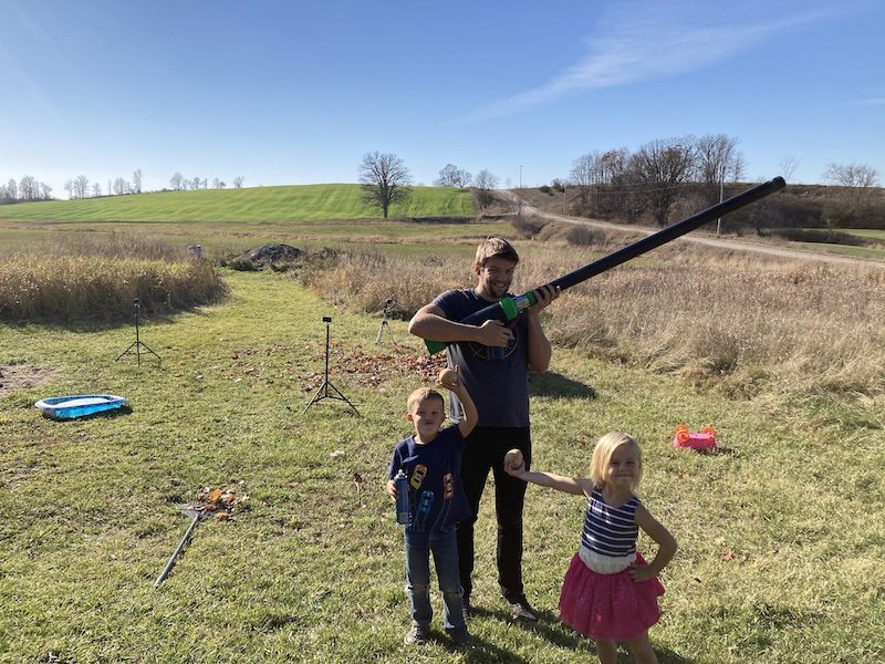 Trevor, Winston, and Felicity with the potato launcher