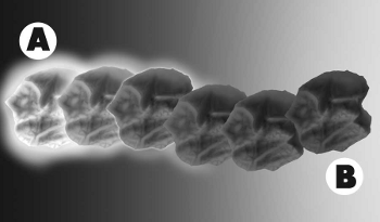 A radioactive rock (A) loses radioactivity (B) over time.