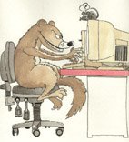 Cartoon of a weasel at a computer, thinking 'Methinx it iz like a human'