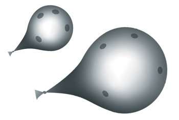 Two balloons, one smaller than the other, with spots on them that are further apart in the larger balloon