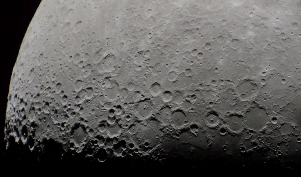 Closeup of first quarter of moon on March 21, 2021