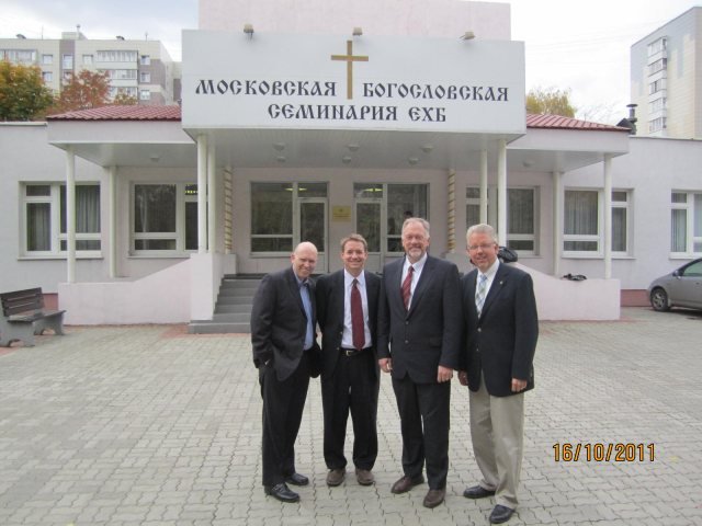 The SGA mission team (Eric, Dan, and Chris) and Steve with the Executive VP of the Russian Baptist Union Eugene Bakhmutsky.