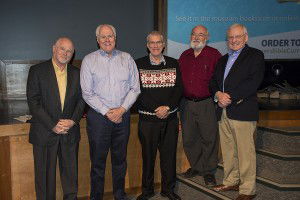 The five founding board members, who established AiG 20 years ago (l–r): Mike Zovath, Mark Looy, Ken Ham, Dan Manthei, and Don Landis.