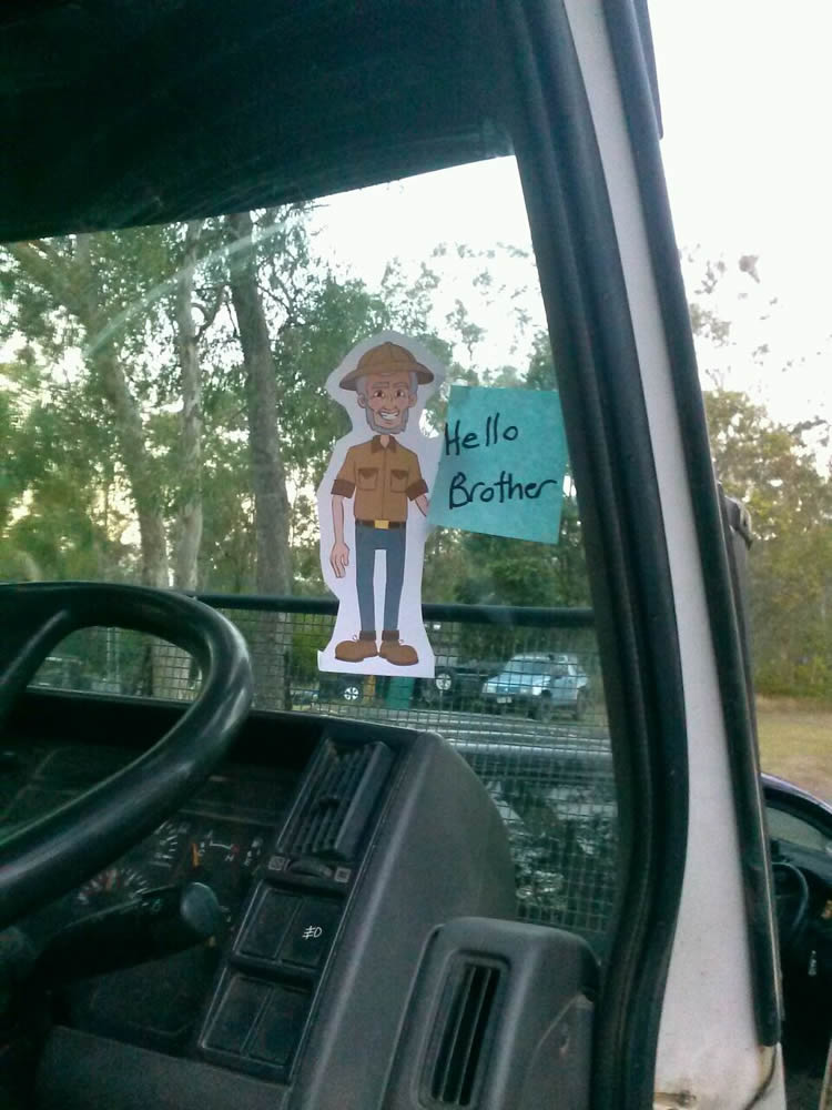 One of my friends put this “Flat Ken” in the truck my brother was driving in his construction company.