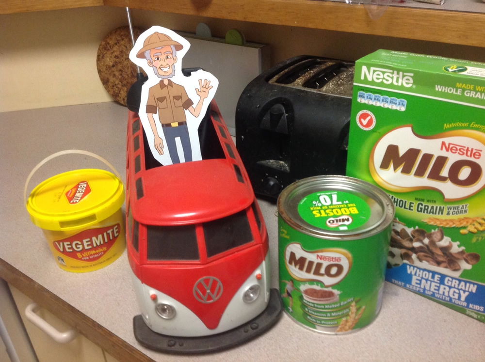 Flat Ken with one of his favorite foods (Vegemite) and one of his favorite drinks (Milo)!