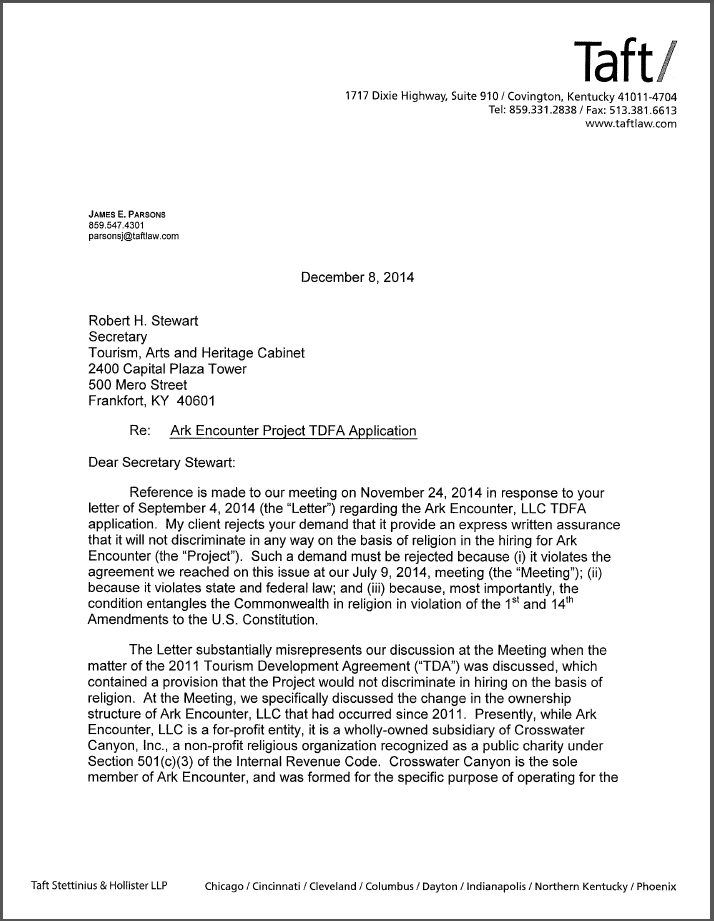 Letter from AiG to Kentucky
