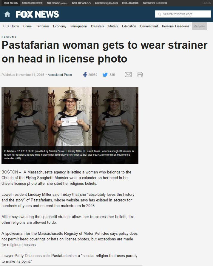 Woman allowed to wear spaghetti strainer in Mass. license photo