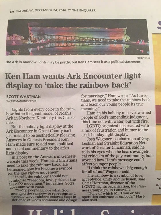 Ken Ham Wants Ark Encounter Light Display to “Take the Rainbow Back”