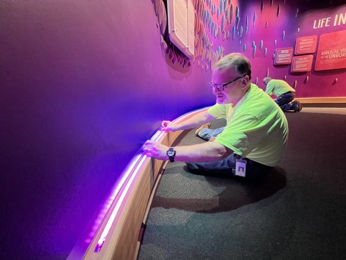 Staff are installing extra lighting in the stunning Fearfully & Wonderfully Made exhibit