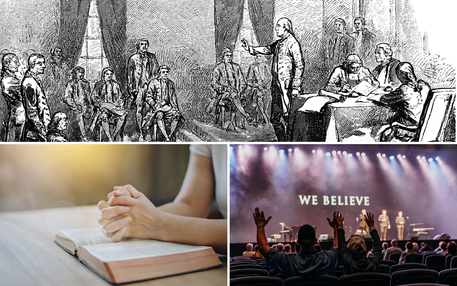 collage of the Constitutional Convention, the Bible, and the Ark Encounter Christian music festival