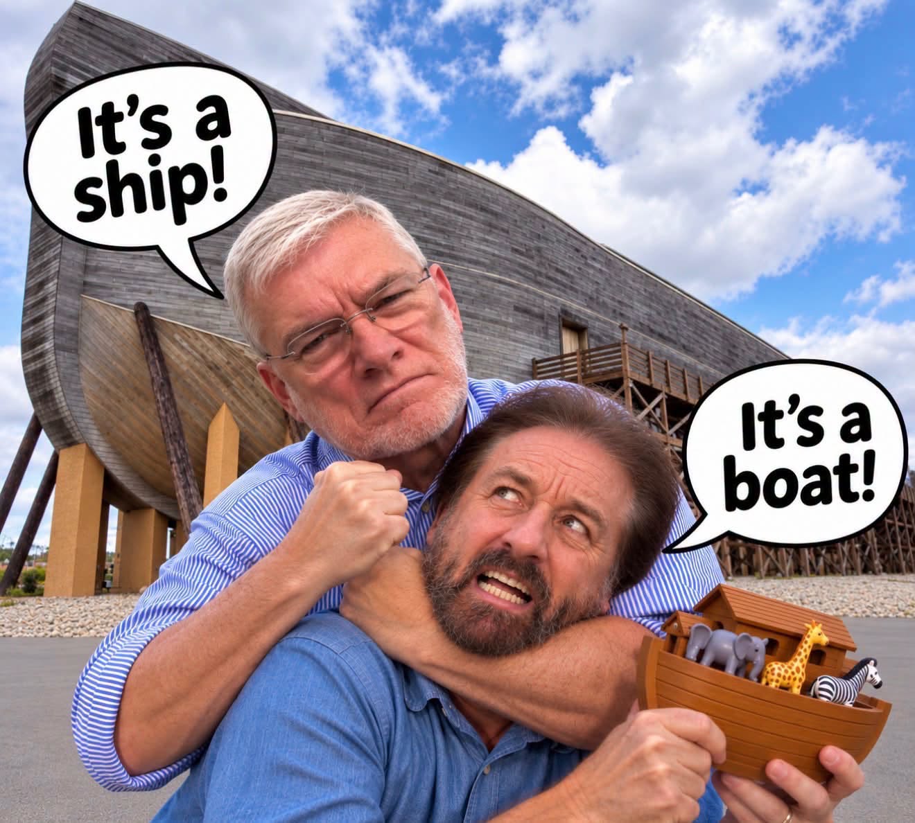 Ken Ham saying “It’s a ship” with Ray Comfort in a headlock