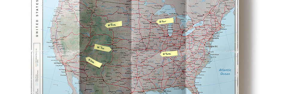 map of United States with sticky notes