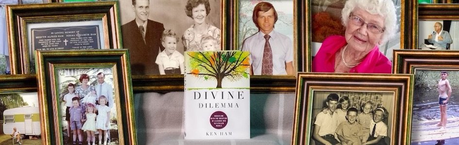 Divine Dilemma book next to Ham family photos