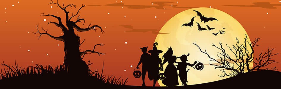 Silhouette of Costumed Children in Halloween Scene