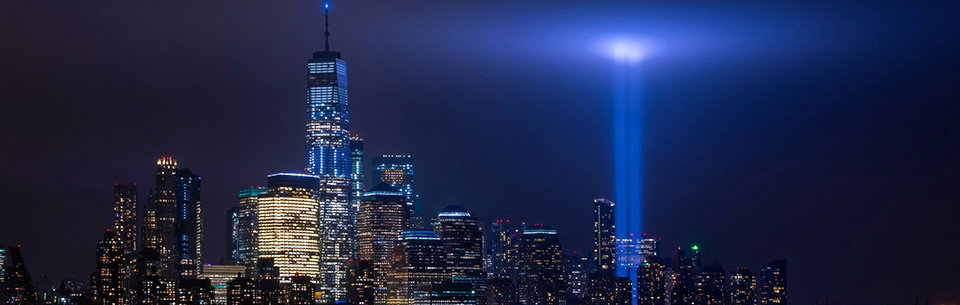 New York 9/11 Memorial lights at night