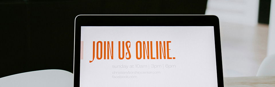 Laptop that says "Join us online."