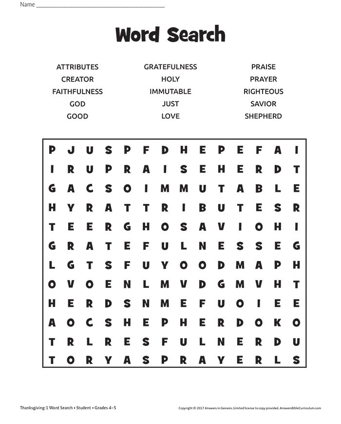 Giving Thanks to God Word Search