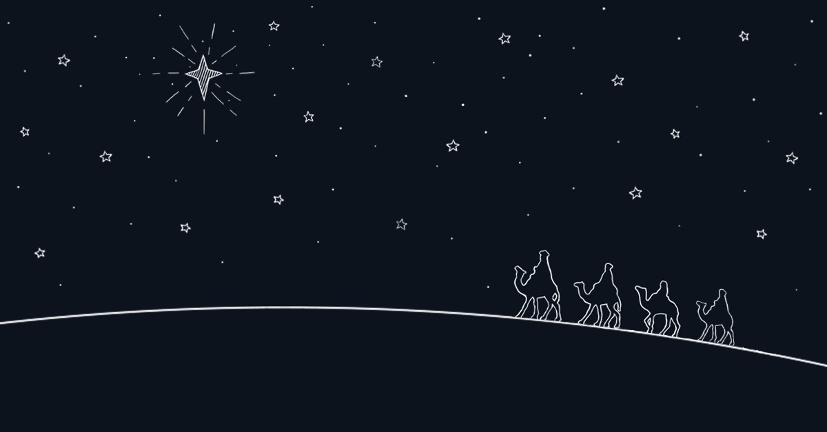 Black and white line art of Three Wise Men and Star of Bethlehem