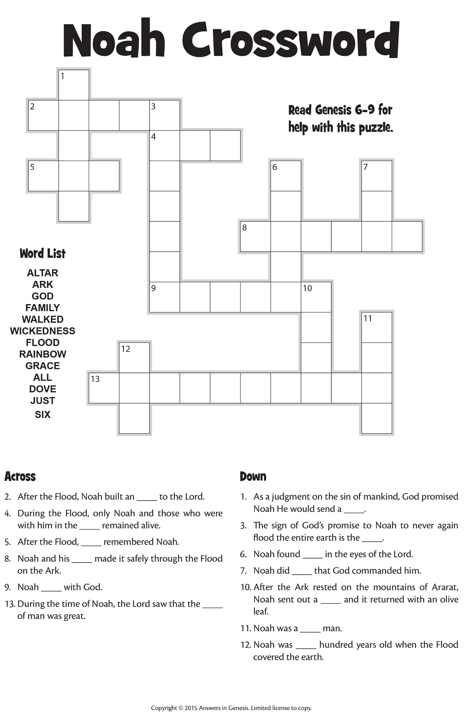 Noah Crossword (Kids Word Activity) Kids Answers