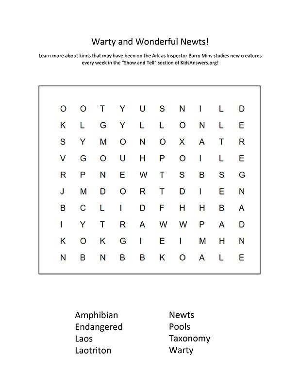 Warty and Wonderful Newts Word Search